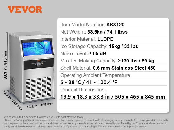 VEVOR commercial ice maker with 60 ice tray capacity, 15kg storage, and ssx120 model detailed specs.