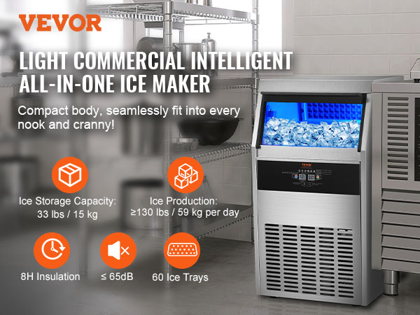 VEVOR commercial ice maker in stainless steel kitchen. 33 lbs storage, 130 lbs/day production capacity.