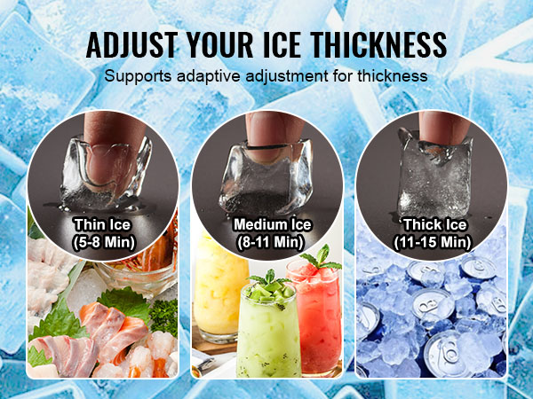 VEVOR commercial ice maker with 60 aluminum trays allows thin, medium, and thick ice adjustments.