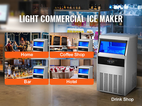 VEVOR commercial ice maker for home, coffee shop, bar, hotel, and drink shop use.