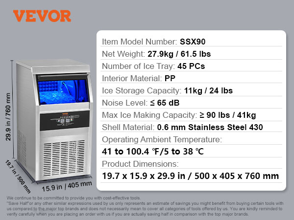 VEVOR commercial ice maker with 45-tray capacity, stainless steel shell, and 24 lbs ice storage.