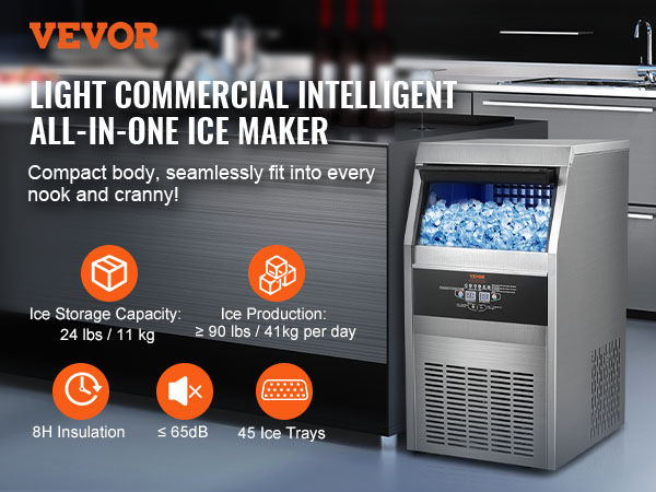 VEVOR commercial ice maker in a modern kitchen with 24 lbs storage, 90 lbs daily production, and 45 trays.