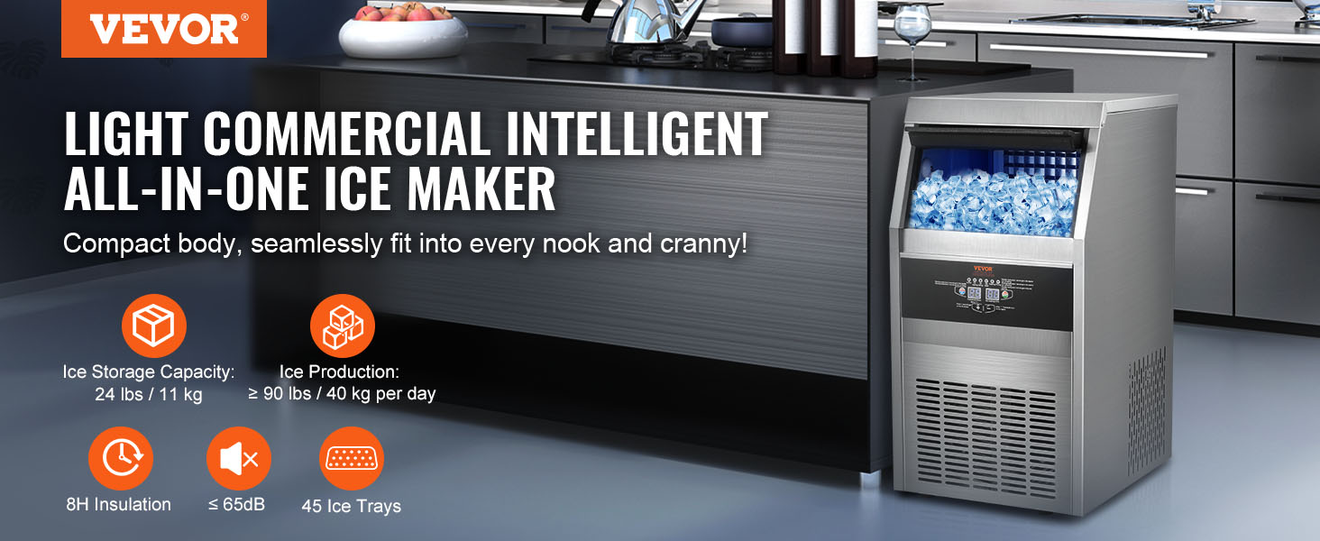 VEVOR commercial ice maker in a modern kitchen with 24 lbs storage, 90 lbs daily production, and 45 trays.