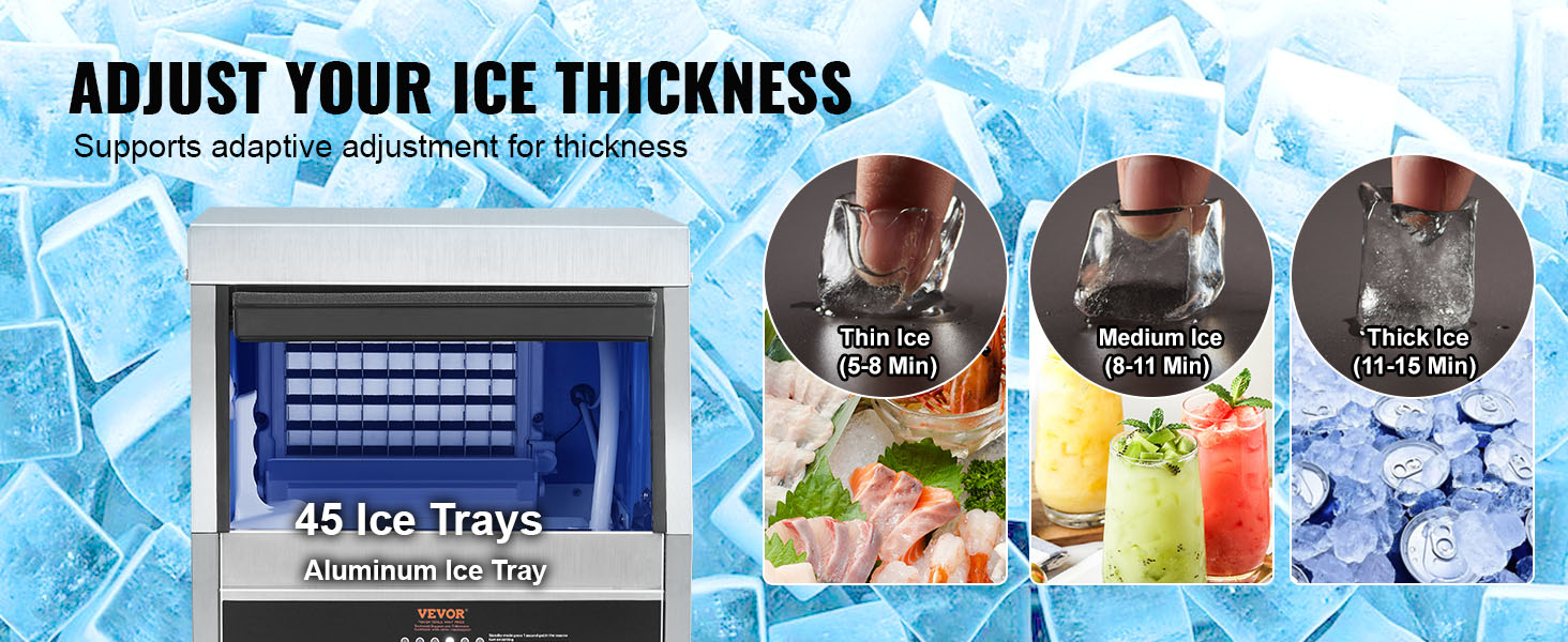 VEVOR commercial ice maker with 45 trays, adjustable ice thickness for thin, medium, and thick ice.