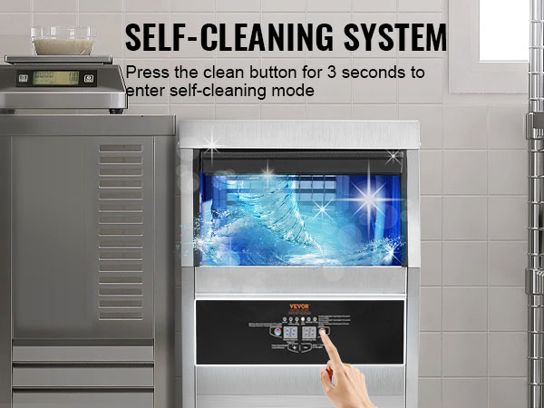 VEVOR commercial ice maker with self-cleaning system and touchscreen control panel in a modern kitchen.
