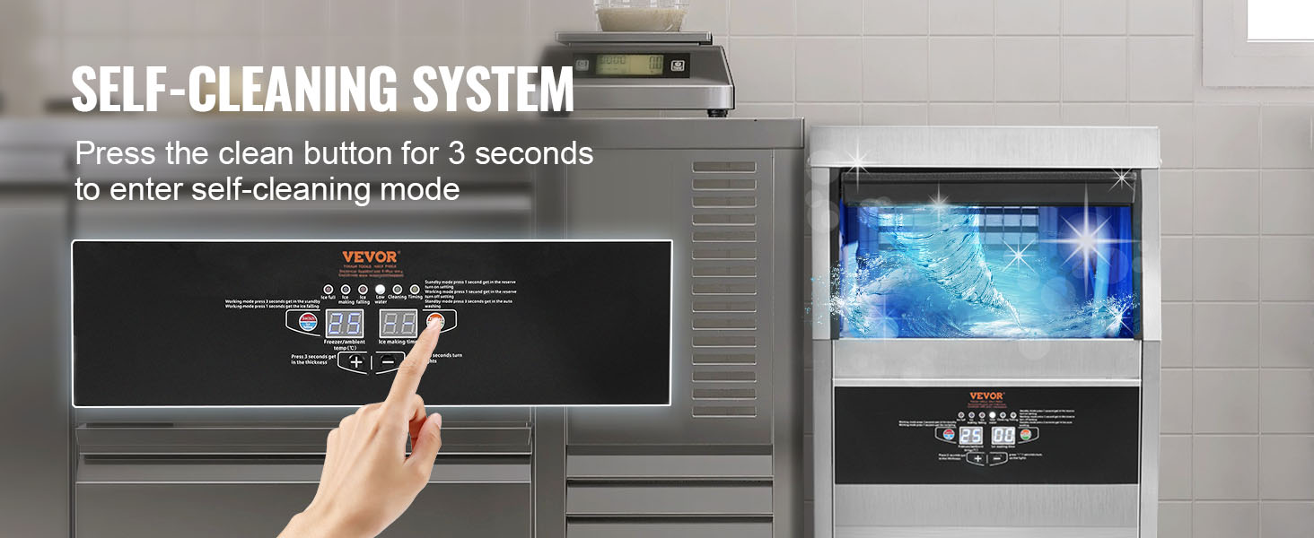 VEVOR commercial ice maker with self-cleaning system and touchscreen control panel in a modern kitchen.