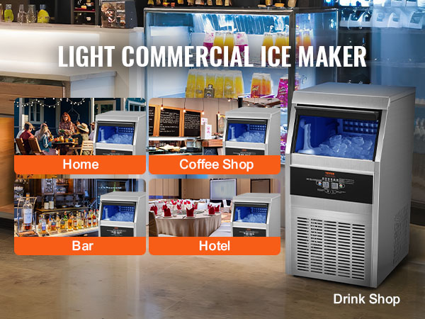 VEVOR commercial ice maker for homes, bars, coffee shops, drink shops, and hotels.