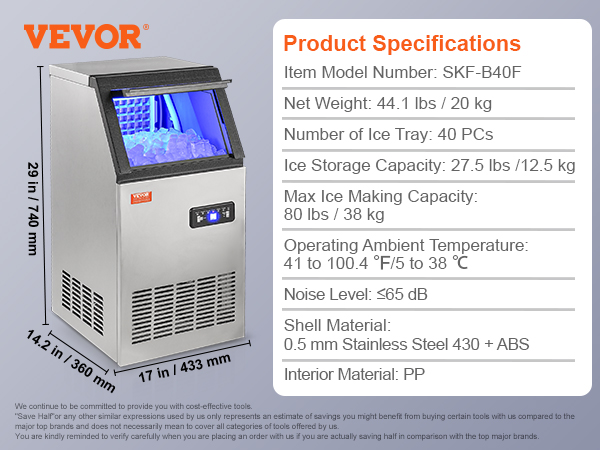 VEVOR commercial ice maker with 27.5 lbs storage, 80 lbs/day capacity, and package contents list.