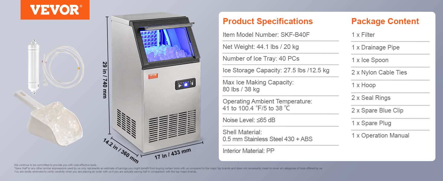 VEVOR commercial ice maker with 27.5 lbs storage, 80 lbs/day capacity, and package contents list.