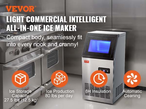 VEVOR commercial ice maker in a stainless steel kitchen, featuring ice storage, automatic cleaning, and insulation.