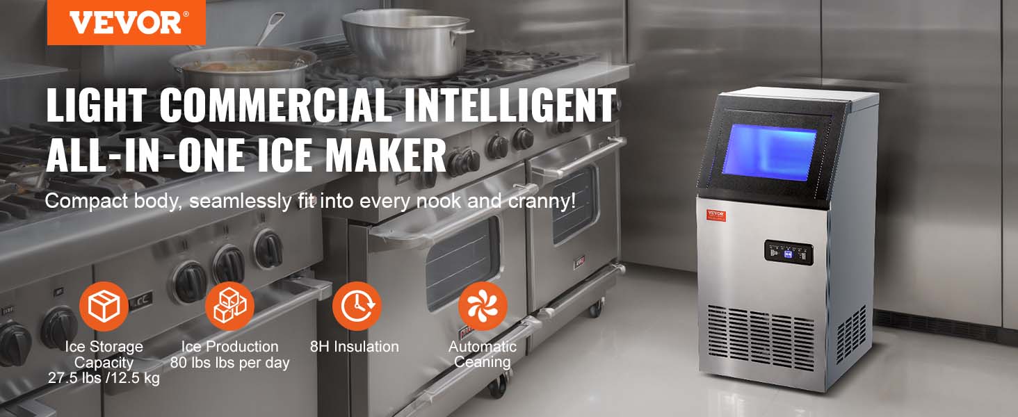VEVOR commercial ice maker in a stainless steel kitchen, featuring ice storage, automatic cleaning, and insulation.