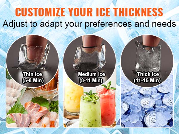 VEVOR commercial ice maker with 40 trays, customizable ice thickness options, and aluminum ice tray.