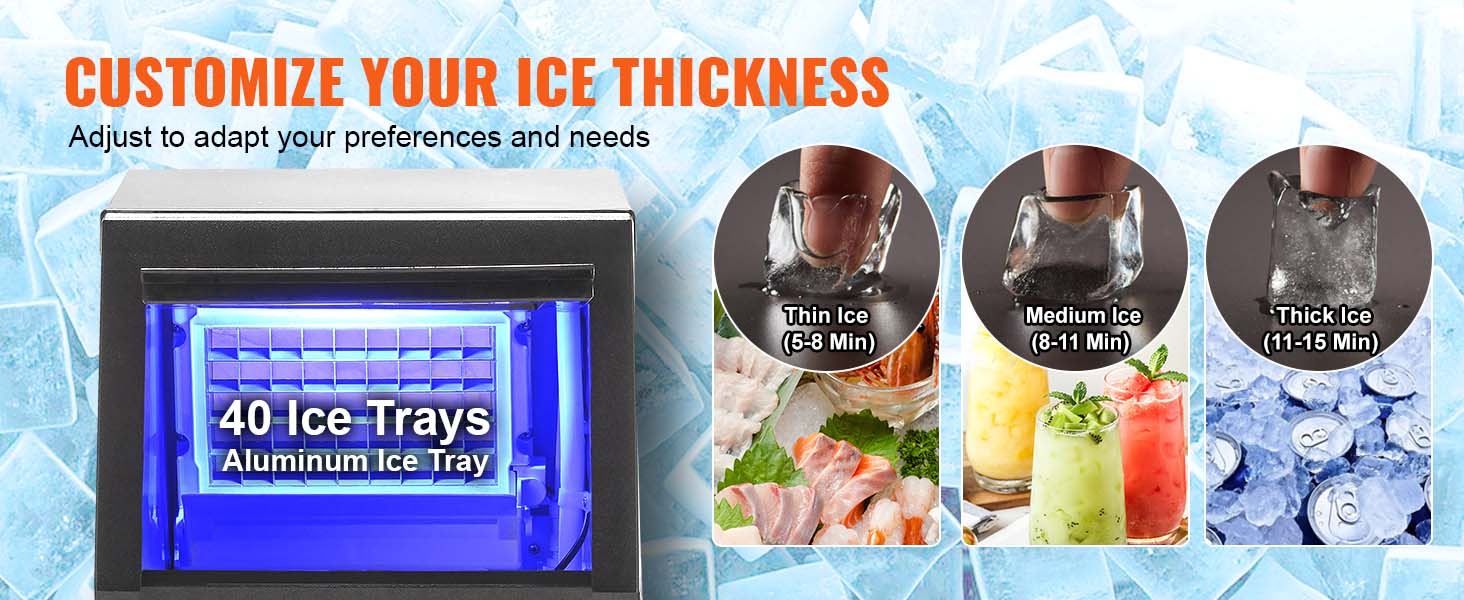 VEVOR commercial ice maker with 40 trays, customizable ice thickness options, and aluminum ice tray.