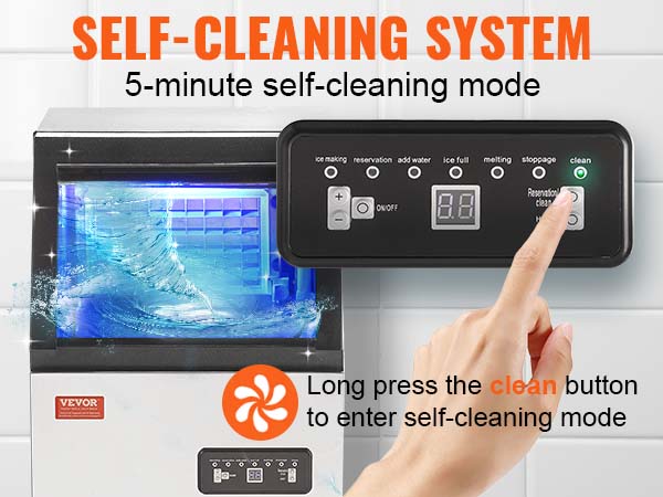 VEVOR commercial ice maker with self-cleaning system instruction panel, hand pressing clean button.