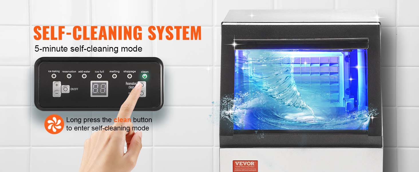 VEVOR commercial ice maker with self-cleaning system instruction panel, hand pressing clean button.