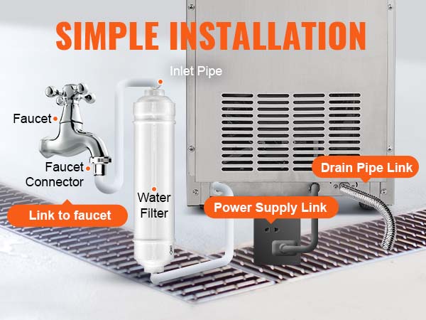 VEVOR commercial ice maker installation setup: faucet, water filter, and connections for drain and power.