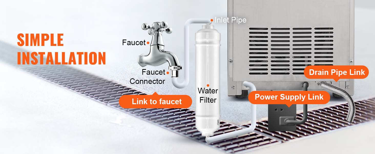 VEVOR commercial ice maker installation setup: faucet, water filter, and connections for drain and power.