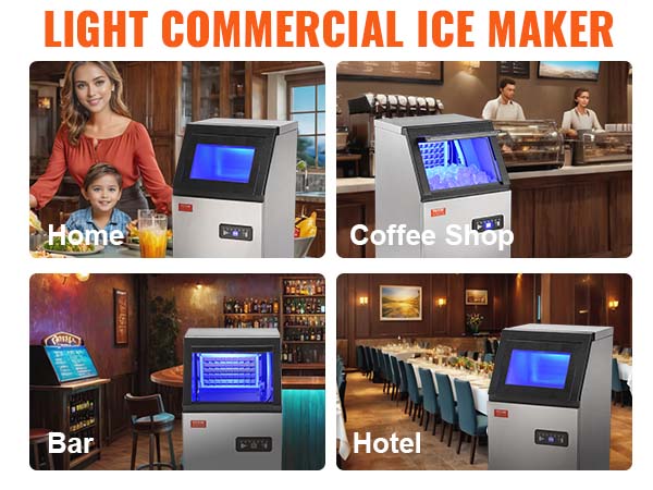 VEVOR commercial ice maker at home, coffee shop, bar, hotel, and drink shop with led display.