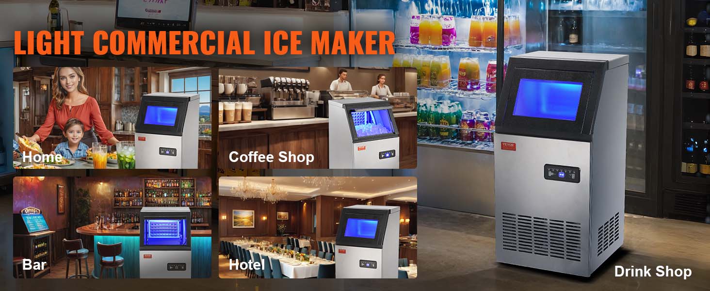 VEVOR commercial ice maker at home, coffee shop, bar, hotel, and drink shop with led display.