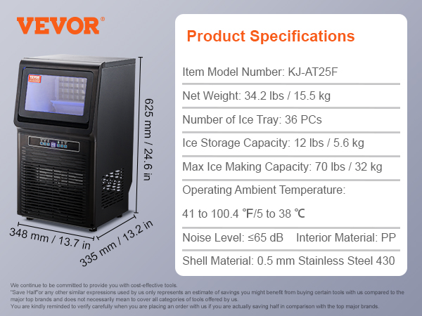 VEVOR commercial ice maker dimensions, features, and package contents with ice scoop and filter.