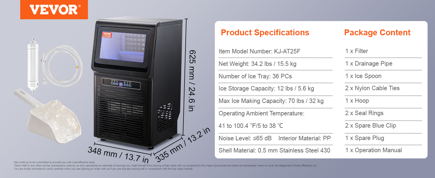 VEVOR commercial ice maker dimensions, features, and package contents with ice scoop and filter.