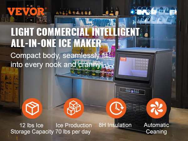 VEVOR commercial ice maker in a modern kitchen with signage highlighting its features and capabilities.
