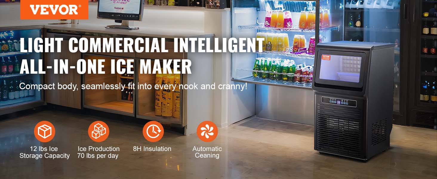 VEVOR commercial ice maker in a modern kitchen with signage highlighting its features and capabilities.