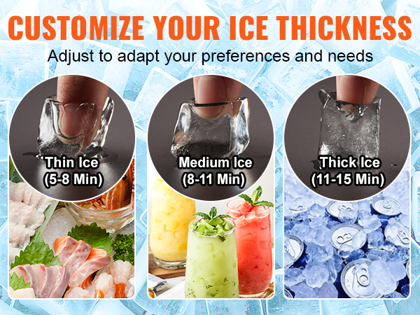 VEVOR commercial ice maker with 36 aluminum trays for customizing ice thickness: thin, medium, thick.