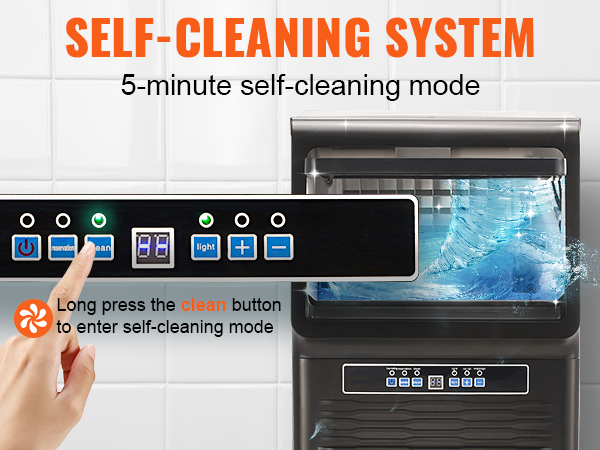 VEVOR commercial ice maker with self-cleaning system and 5-minute self-cleaning mode display.