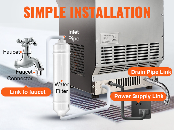 simple installation of VEVOR commercial ice maker with labeled faucet, water filter, and power supply links.