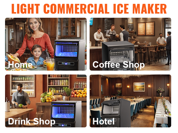 VEVOR commercial ice maker in various settings: home, coffee shop, drink shop, hotel, bar.