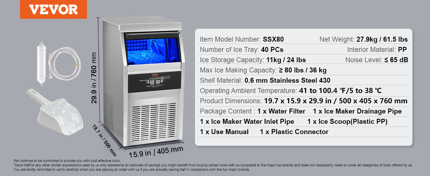 VEVOR commercial ice maker ssx80 with scoop, filter, drainage pipe, stainless steel, 80 lbs/day capacity.