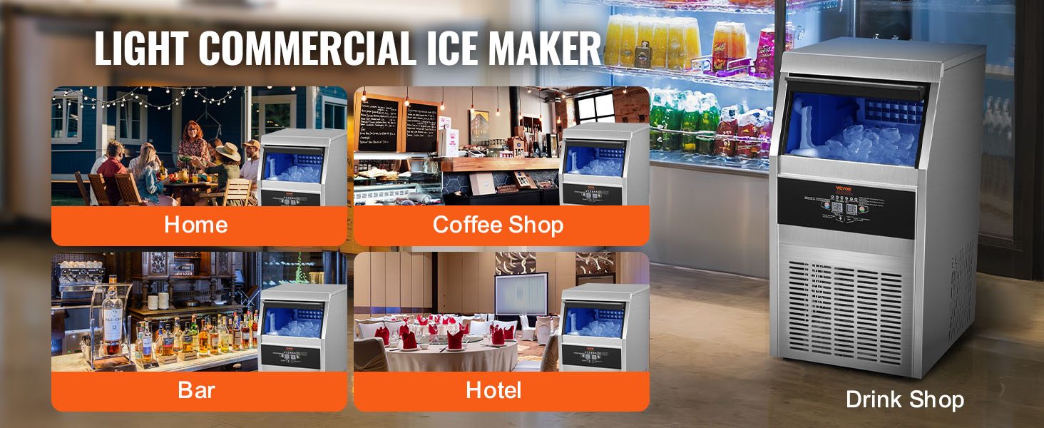 VEVOR commercial ice maker showcased in home, coffee shop, bar, hotel, and drink shop settings.