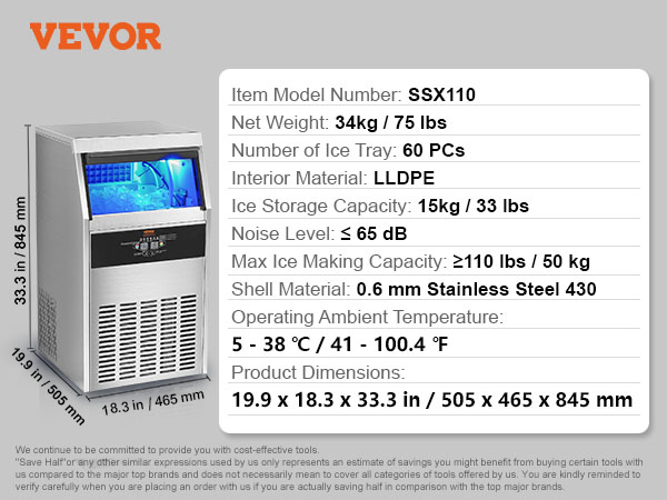 VEVOR commercial ice maker with 60 ice trays, 33 lbs storage, stainless steel, and accessories.