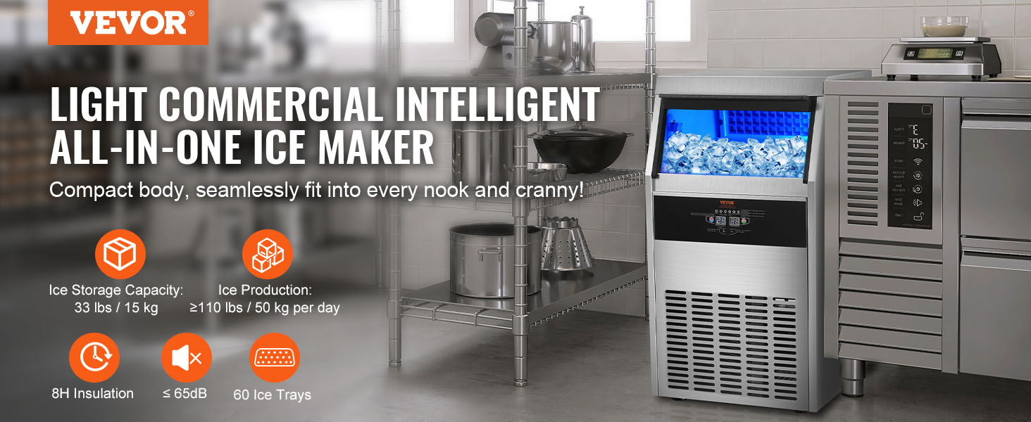 VEVOR commercial ice maker in sleek kitchen, offering 33 lbs storage and 110 lbs production per day.