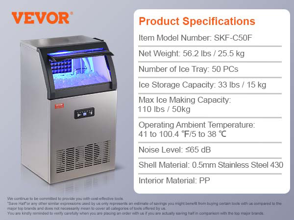 VEVOR commercial ice maker, model skf-c50f, with filter, drainage pipe, ice tray, and detailed specs.