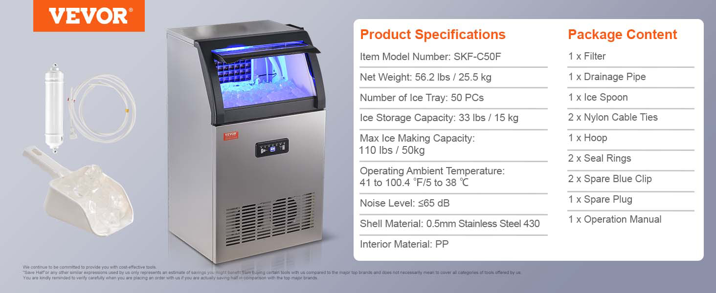 VEVOR commercial ice maker, model skf-c50f, with filter, drainage pipe, ice tray, and detailed specs.