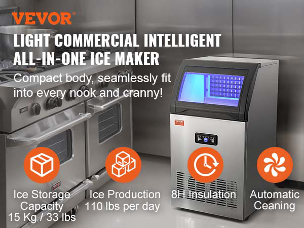 VEVOR commercial ice maker in a professional kitchen, highlighting storage, production, insulation, and cleaning.