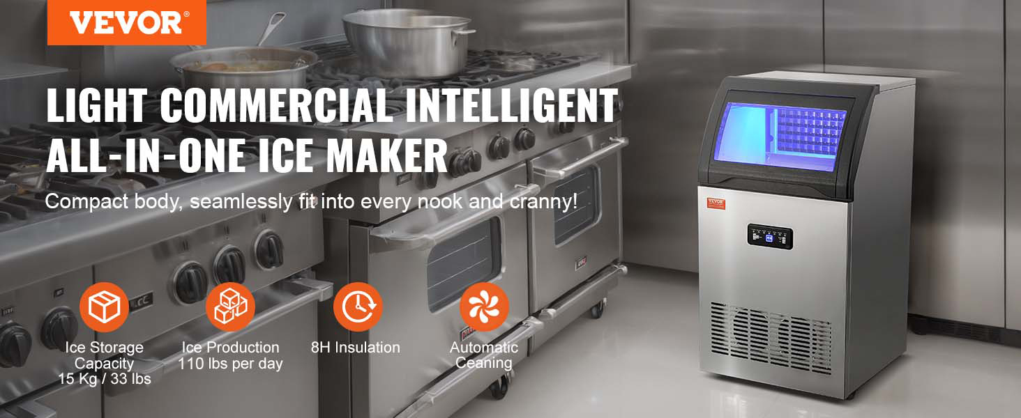 VEVOR commercial ice maker in a professional kitchen, highlighting storage, production, insulation, and cleaning.
