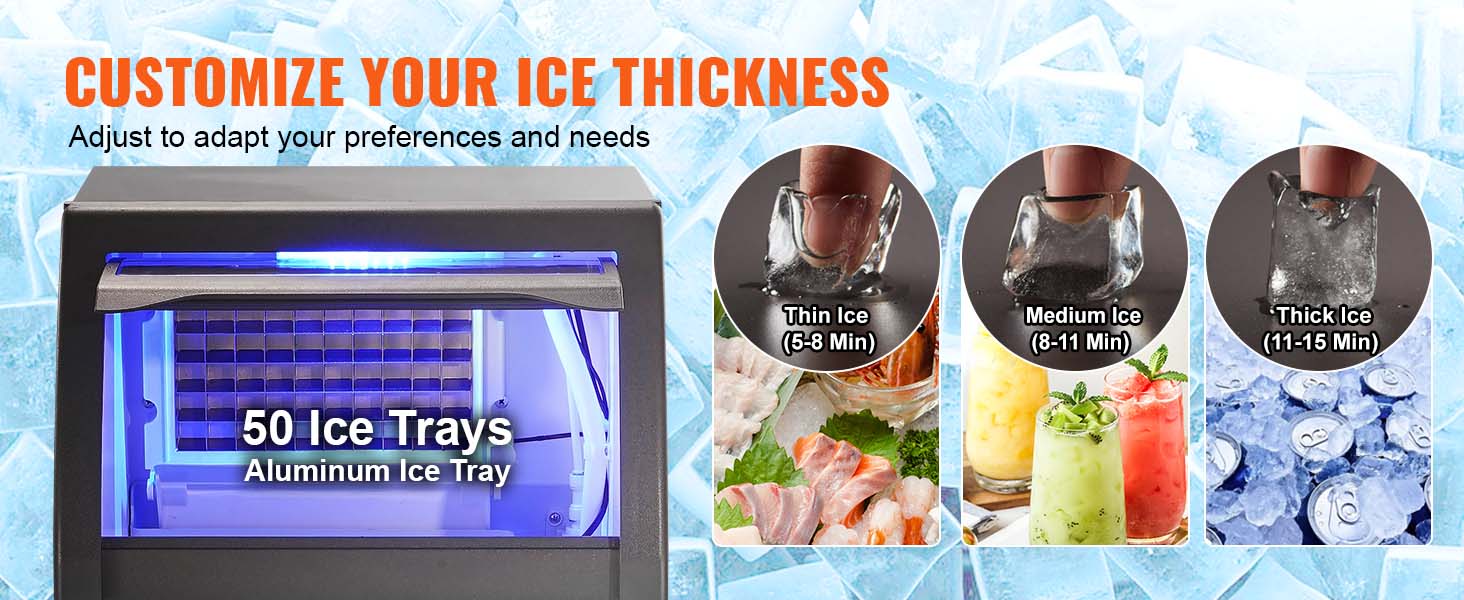 VEVOR commercial ice maker with 50 aluminum ice trays, adjustable ice thickness for thin, medium, and thick ice.