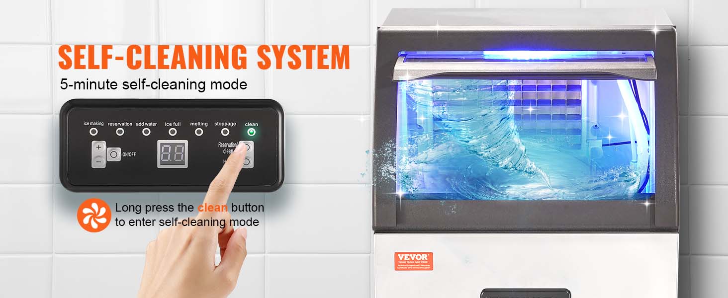VEVOR commercial ice maker with self-cleaning system and led display for easy maintenance.
