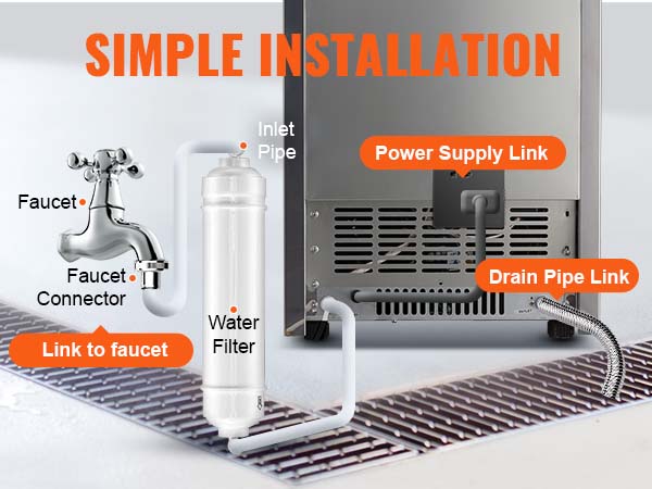 simple installation diagram for VEVOR commercial ice maker, showcasing faucet, water filter, and pipe links.