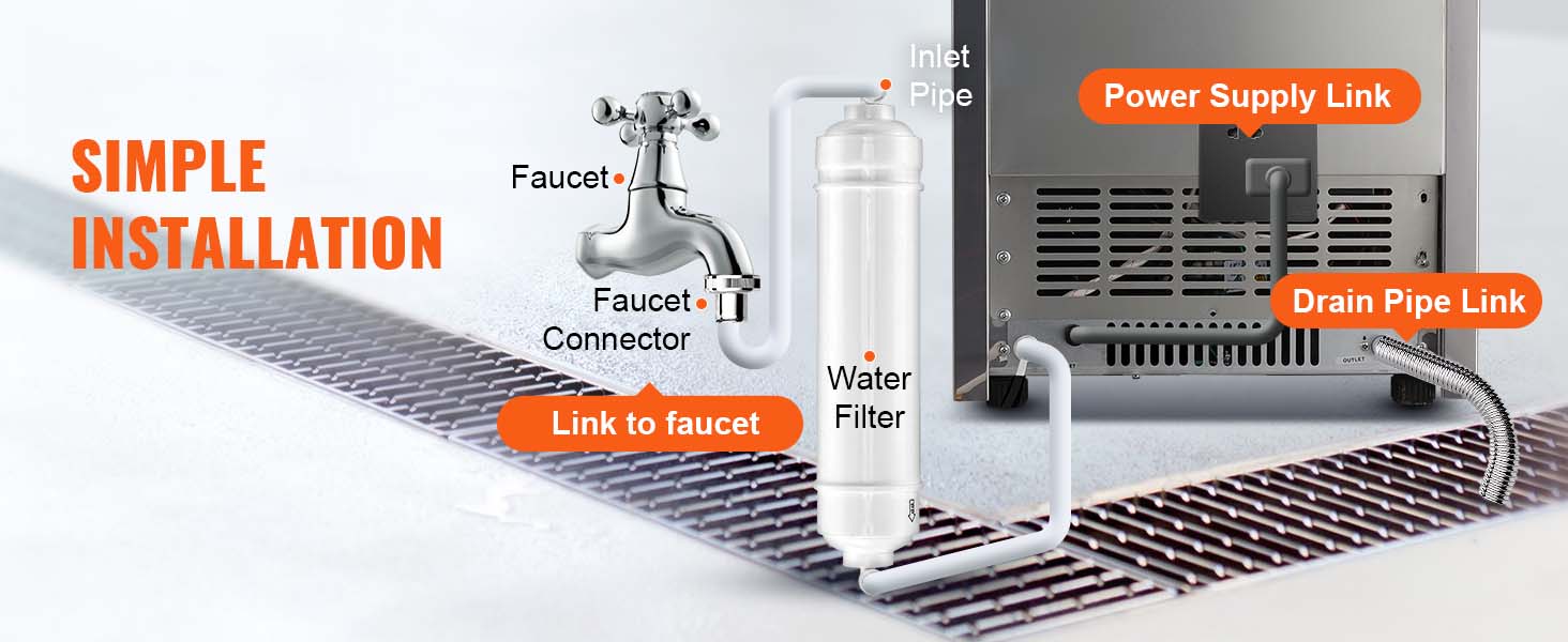 simple installation diagram for VEVOR commercial ice maker, showcasing faucet, water filter, and pipe links.