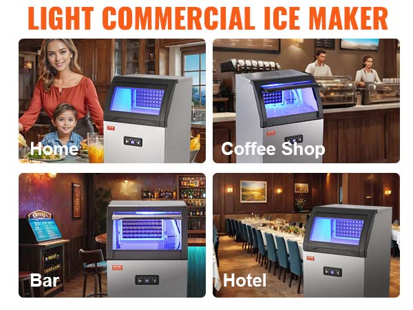 VEVOR commercial ice maker in various settings: home, coffee shop, bar, hotel, and drink shop.
