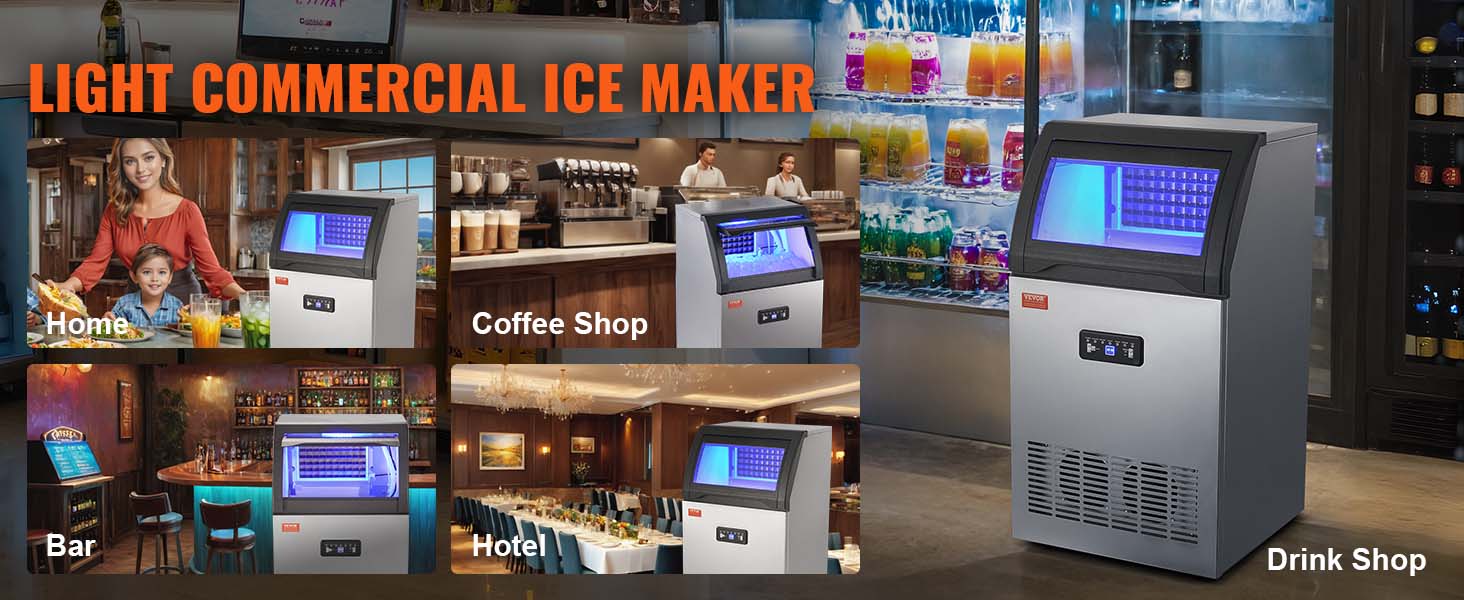VEVOR commercial ice maker in various settings: home, coffee shop, bar, hotel, and drink shop.