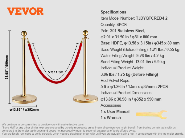 VEVOR stanchion post set with gold poles, red velvet rope, and base specifications.