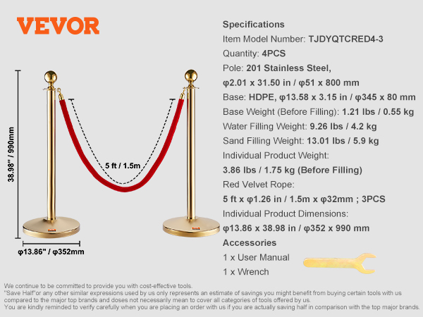 VEVOR stanchion post with red velvet rope, 38.98" tall, gold finish, specifications detailed.