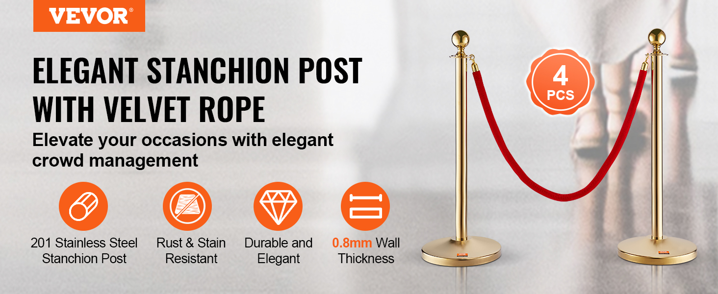 VEVOR stanchion post with velvet rope, 4 pcs, 201 stainless steel, durable, rust & stain resistant.