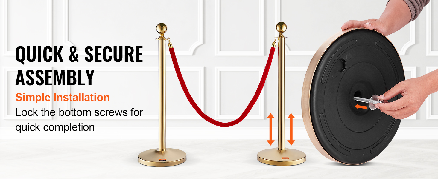 quick assembly of VEVOR stanchion post, featuring gold poles, red rope, and secure installation guide.