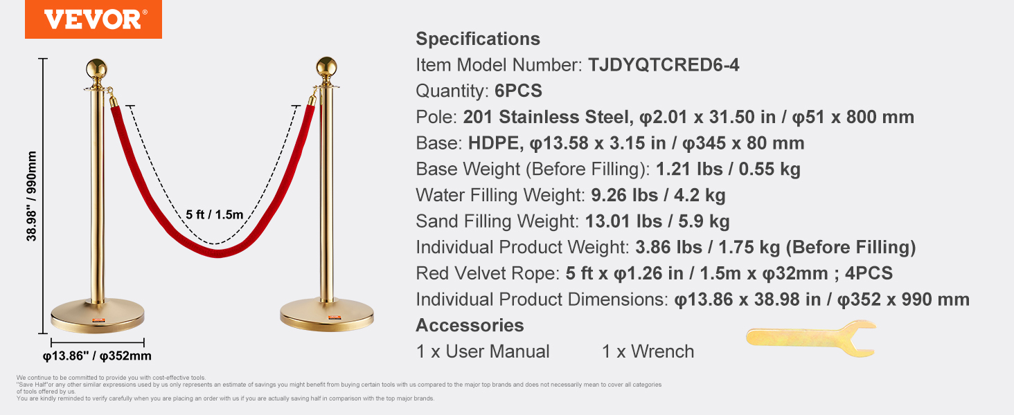 VEVOR crowd control stanchion with red velvet rope, gold poles, and base with specs and accessories.